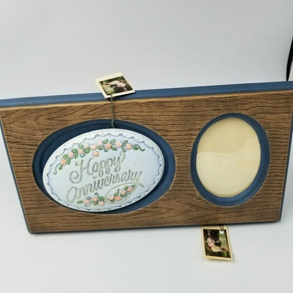 Ceramic Photo Frame Easel Green Brown Happy Anniversary Gift NEW